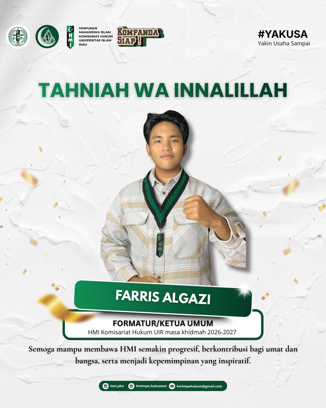 tvmiranda.com | Farris Algazi , Mahasiswa Asal Kota Pekanbaru, Riau, Resmi Terpilih Sebagai Ketua Umum Himpunan Mahasiswa Islam (HMI)