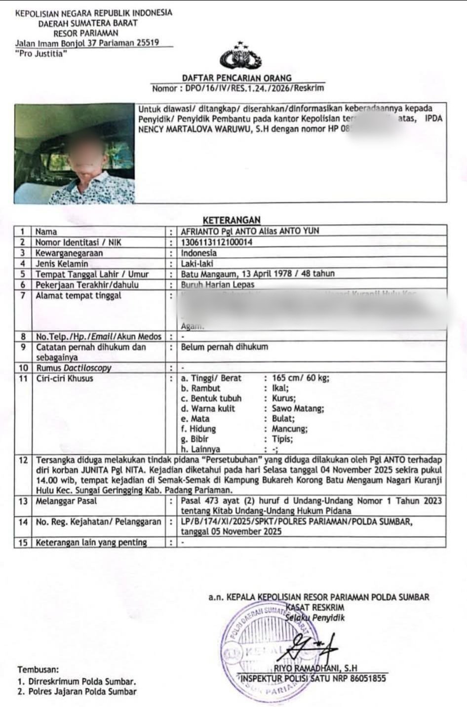 tvmiranda.com | DPO Terduga Pelaku Kekerasan Seksual di Sungai Geringging Terbit, Kuasa Hukum Korban Apresiasi Langkah Polres Pariaman