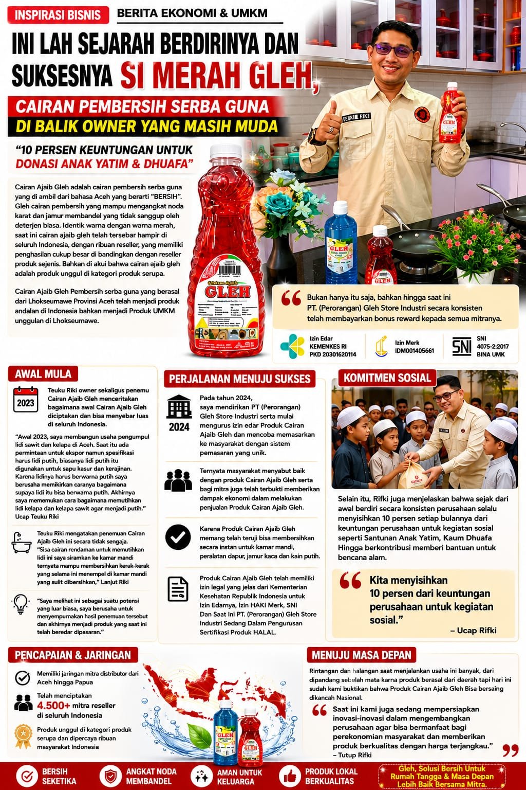 tvmiranda.com | Ini Lah Sejarah Berdirinya Dan Sukses Nya Si Merah Gleh, Cairan Pembersih Serba Guna Di Balik Owner Yang Masih Muda . “10 Persen Keuntungan Untuk Donasi Anak Yatim & Dhuafa