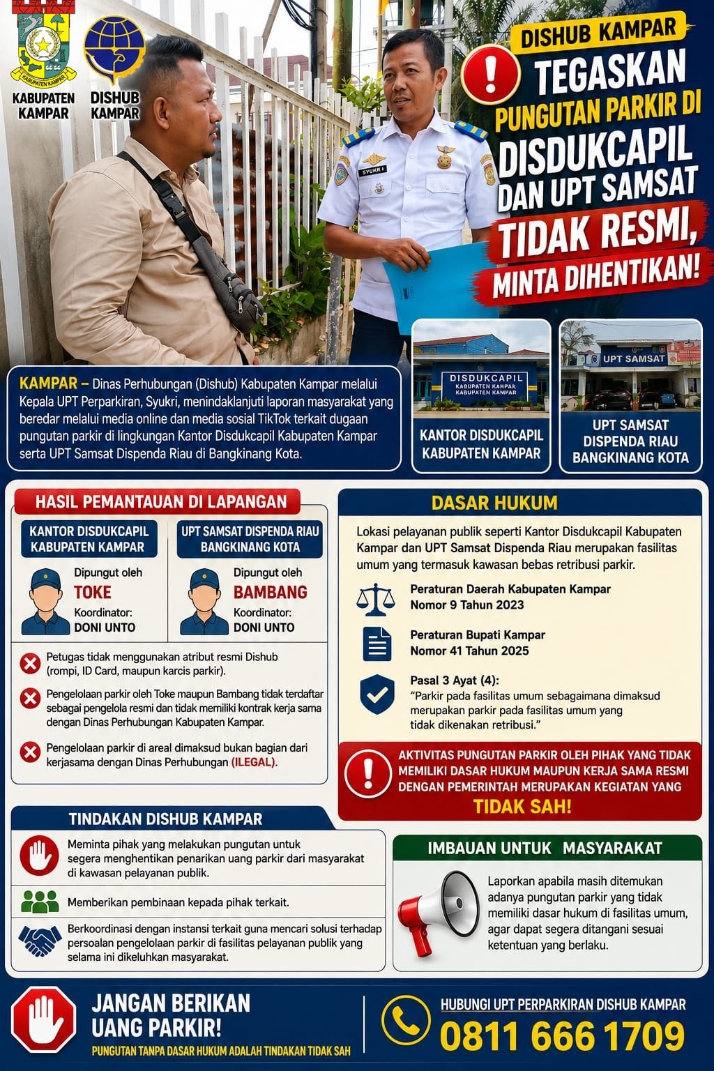 tvmiranda.com | Dishub Kampar Tegaskan Pungutan Parkir di Disdukcapil dan UPT Samsat Tidak Resmi, Minta Dihentikan