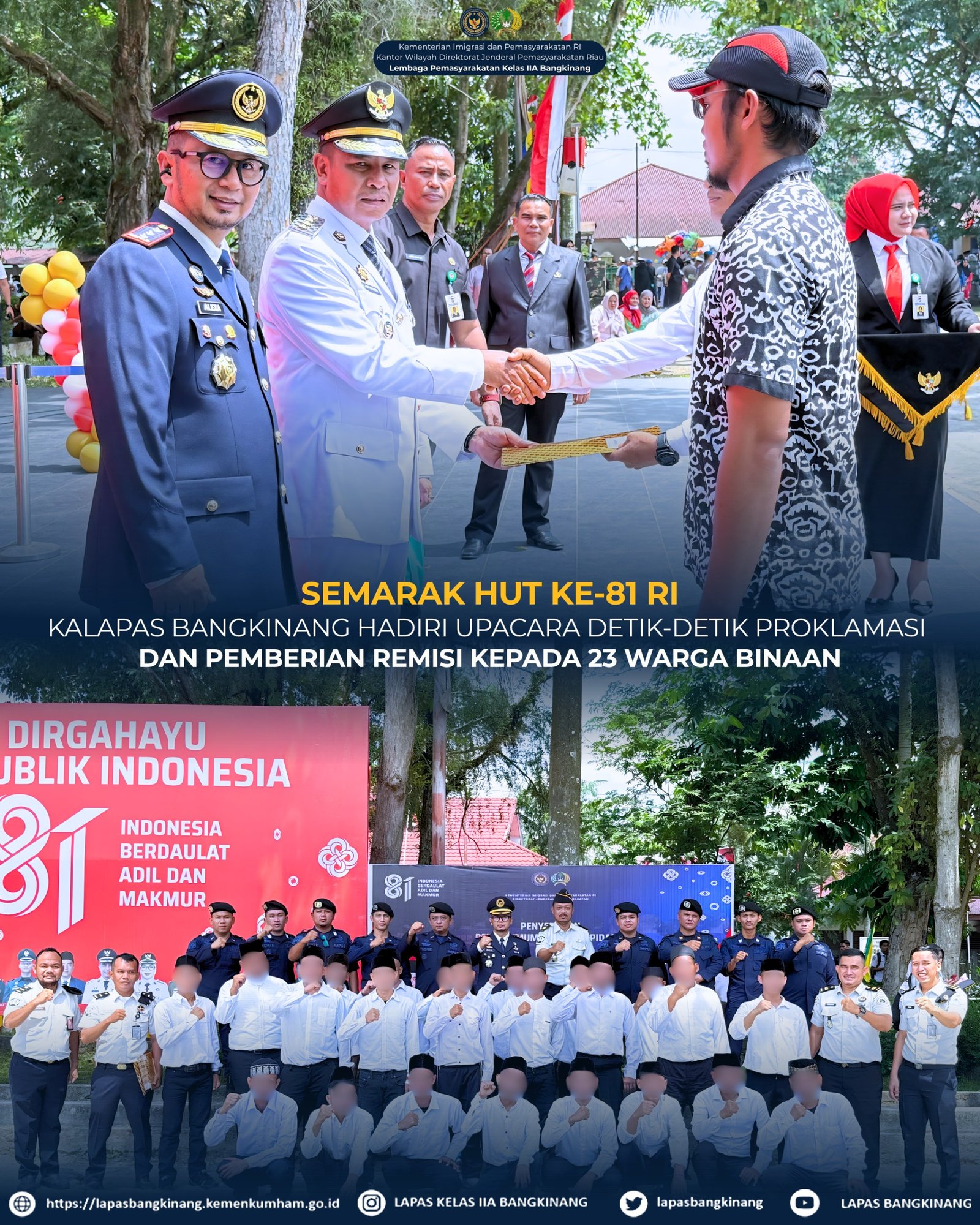 tvmiranda.com | SEMARAK HUT KE-81 RI, KALAPAS BANGKINANG HADIRI UPACARA DETIK-DETIK PROKLAMASI DAN PEMBERIAN REMISI KEPADA 23 WARGA BINAAN
